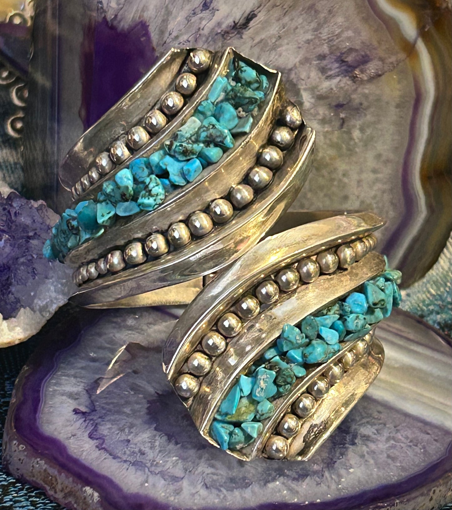 Vintage Sterling Silver Mexico Turquoise & Ball Clamper Hinge Bracelet