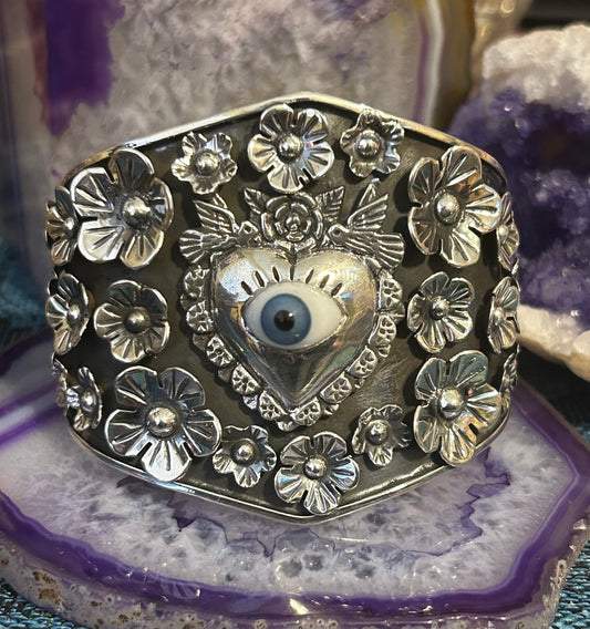 Sterling Silver Taxco Mexico Seeing Eye Heart W/ Rose & Birds Cuff Bracelet