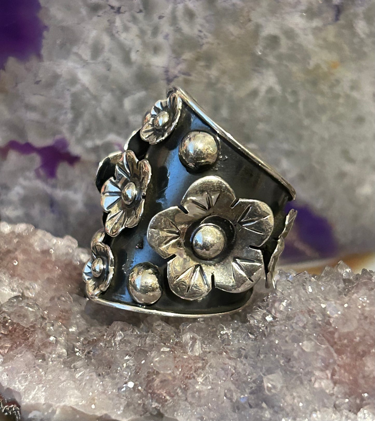 Sterling Silver Taxco Mexico Thick Floral Wide Band Ring