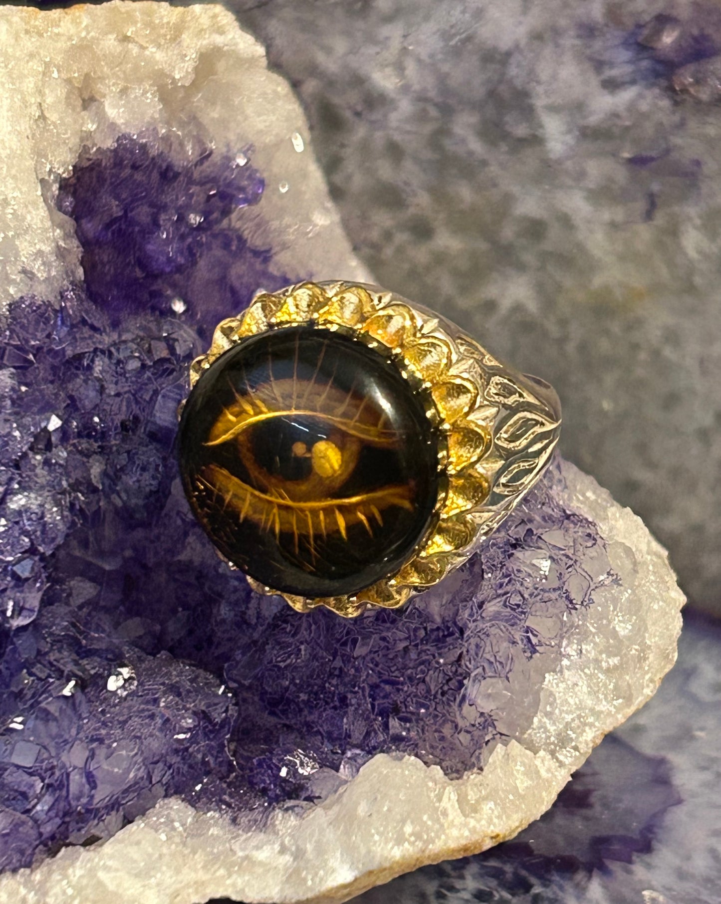 Sterling Silver And Natural Carved Amber Seeing Eye Ring • Size 10
