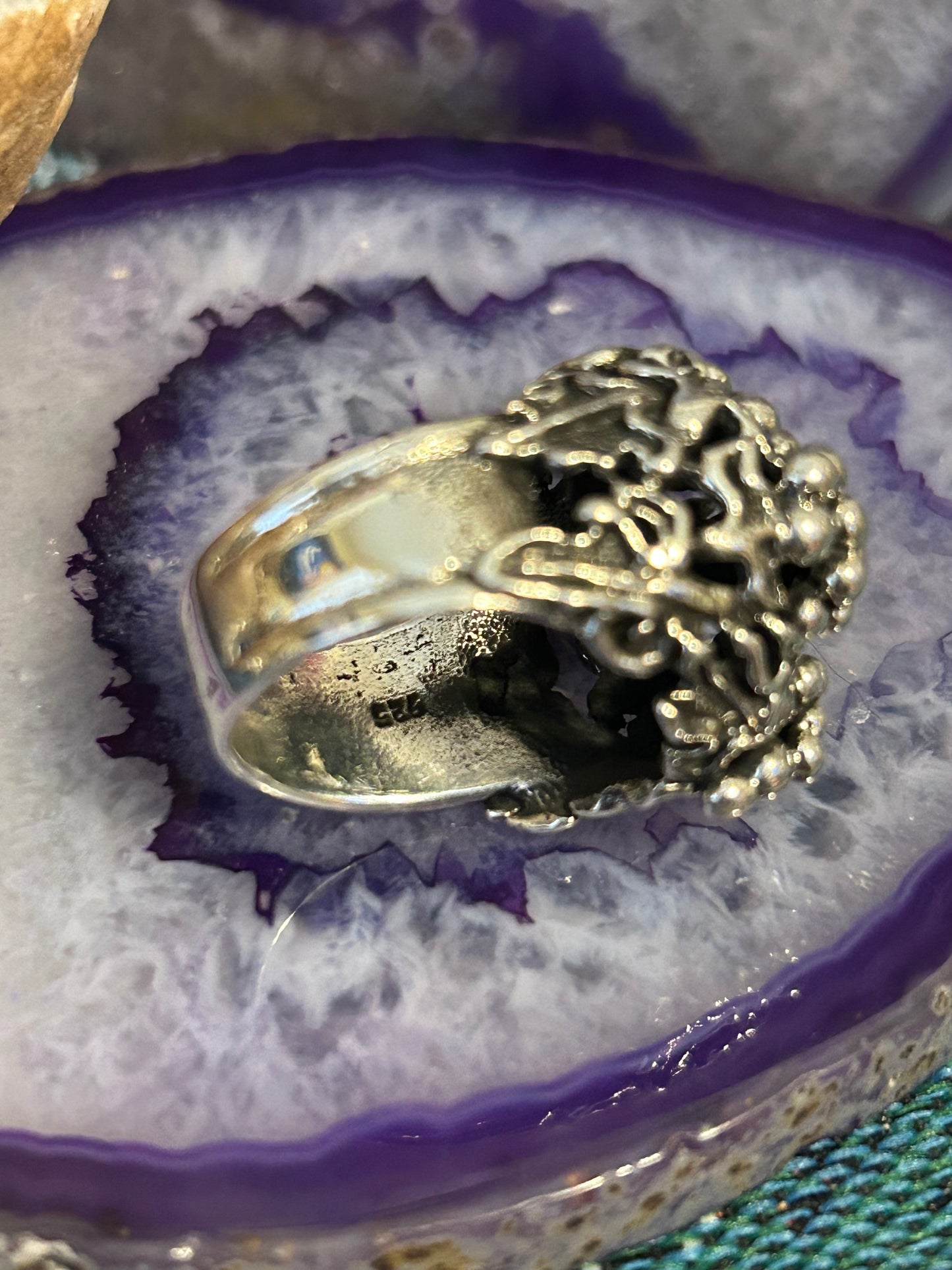 Sterling Silver Modern Taxco Mexico Grapes & Leaf Ring Size 8.25