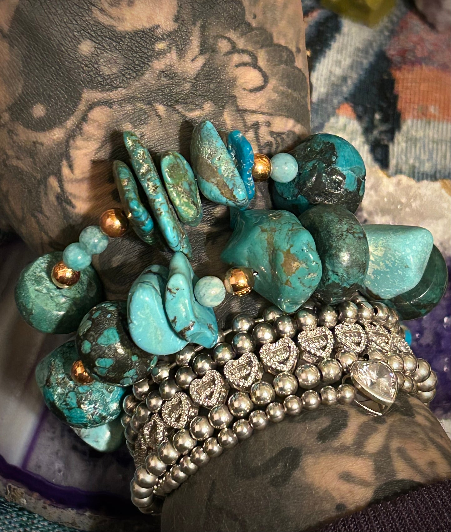 GUZ LOVE Handmade Chunky Turquoise & Copper Memory Wire Bracelet