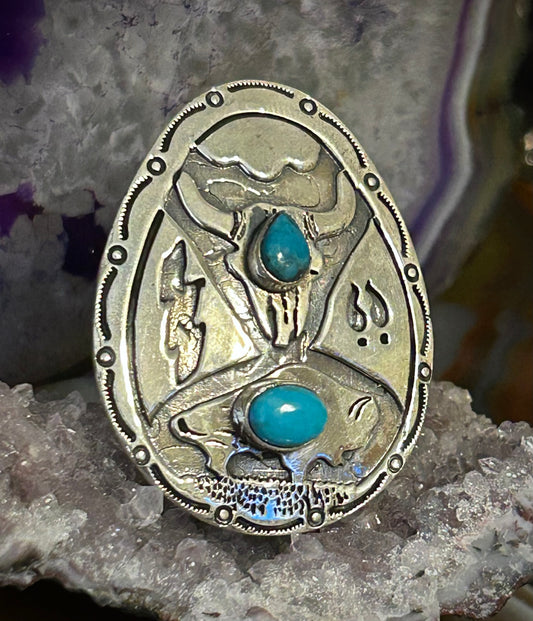 Sterling Silver Southwestern Buffalo & Long Horn Bull Turquoise Statement Ring