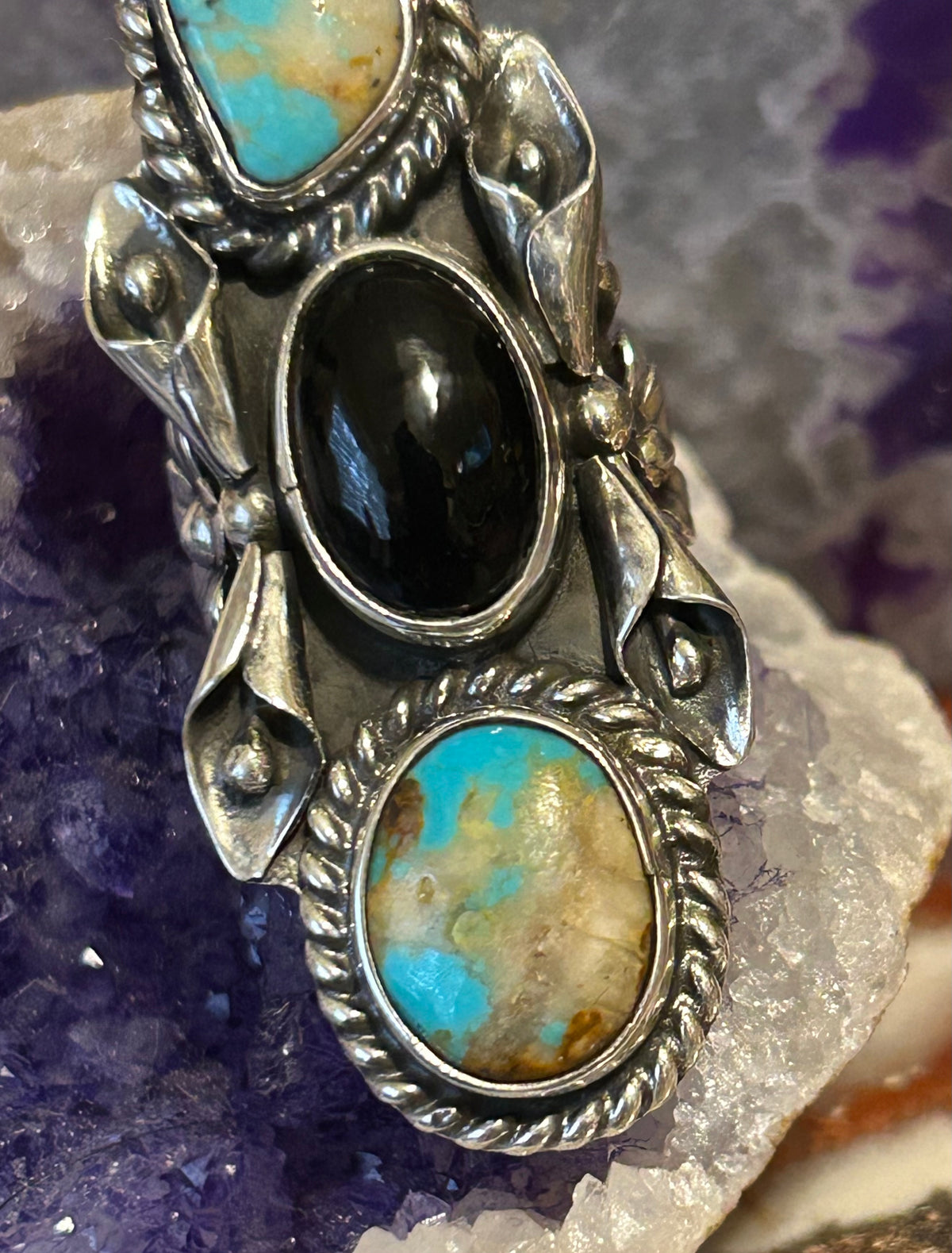 Sterling Silver Taxco Mexico Large Statement Ring w/ Turquoise & Onyx Sz 6.5-8.5