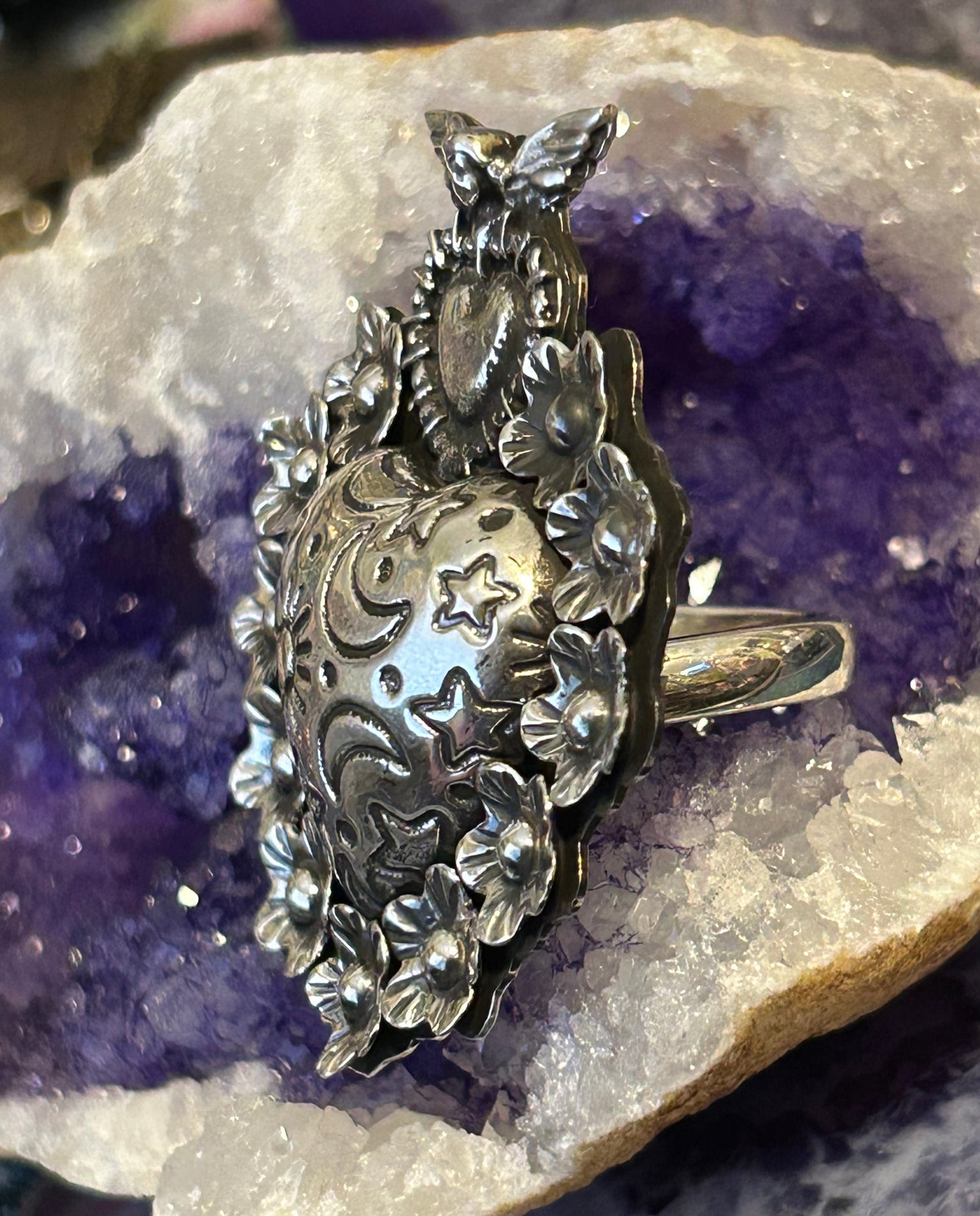 Sterling Silver Taxco Mexico Large Statement Heart & Celestial Vibes Ring