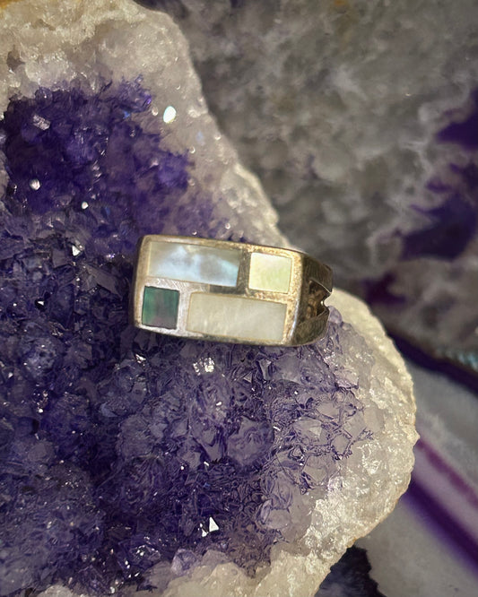 Vintage Sterling Silver Abalone & Mother Of Pearl Inlay Ring Size 8