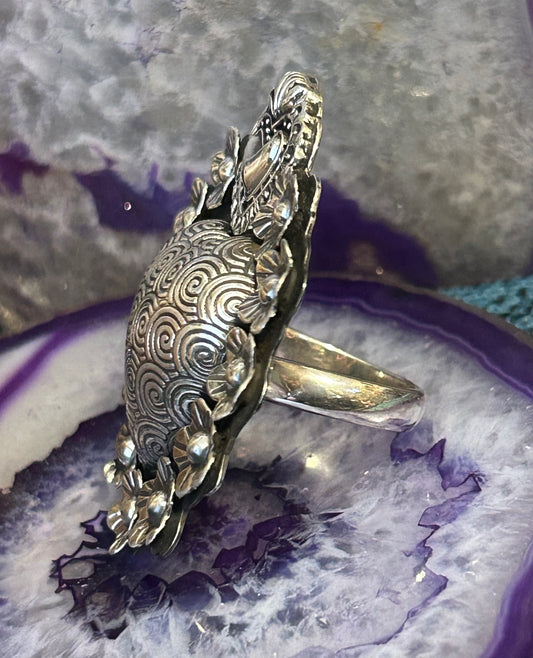Sterling Silver Taxco Mexico Large Statement Heart, Flowers & Swirls Adjustable Ring