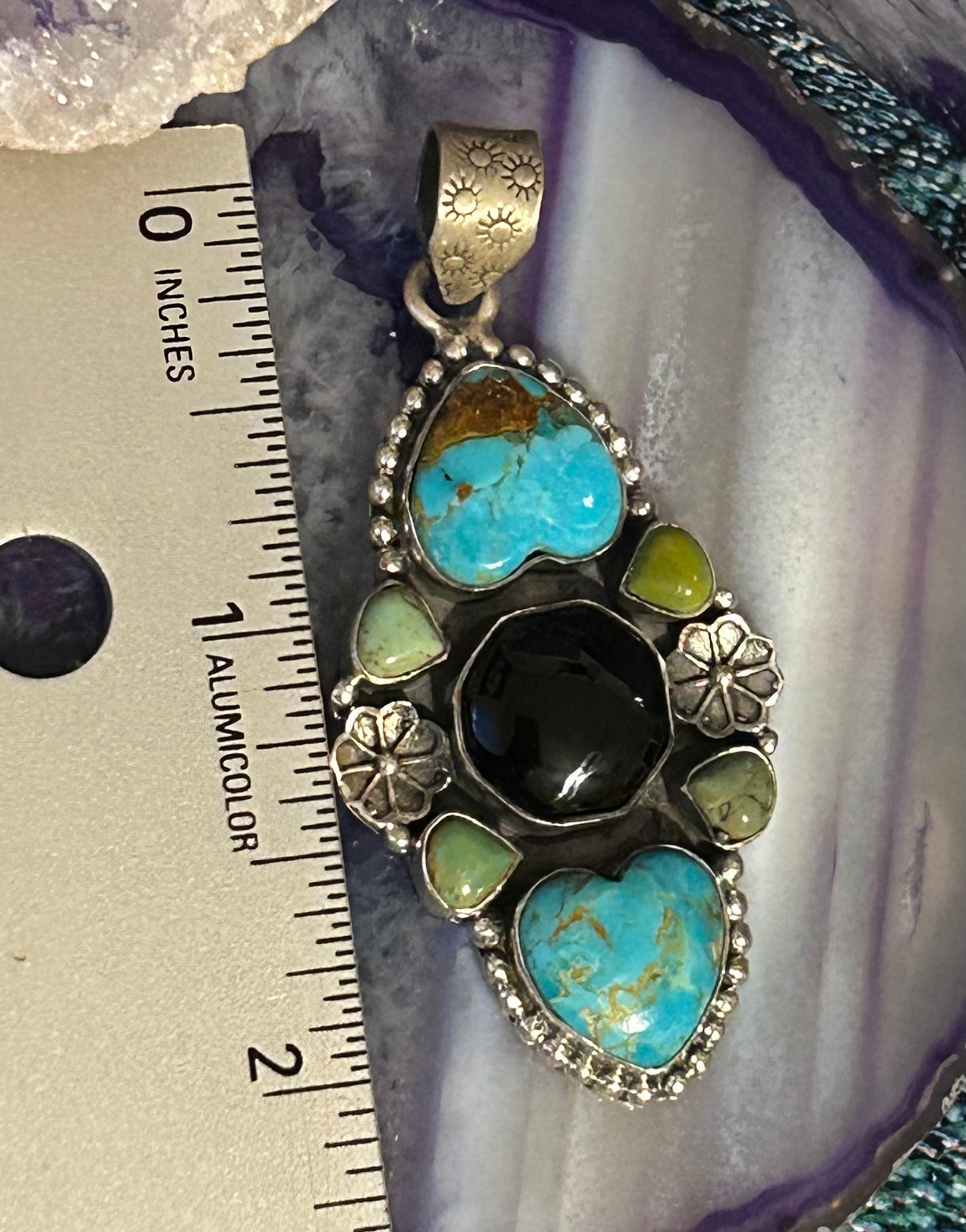 Sterling Silver, Turquoise & Onyx Heart & Hexagon Stone Pendant