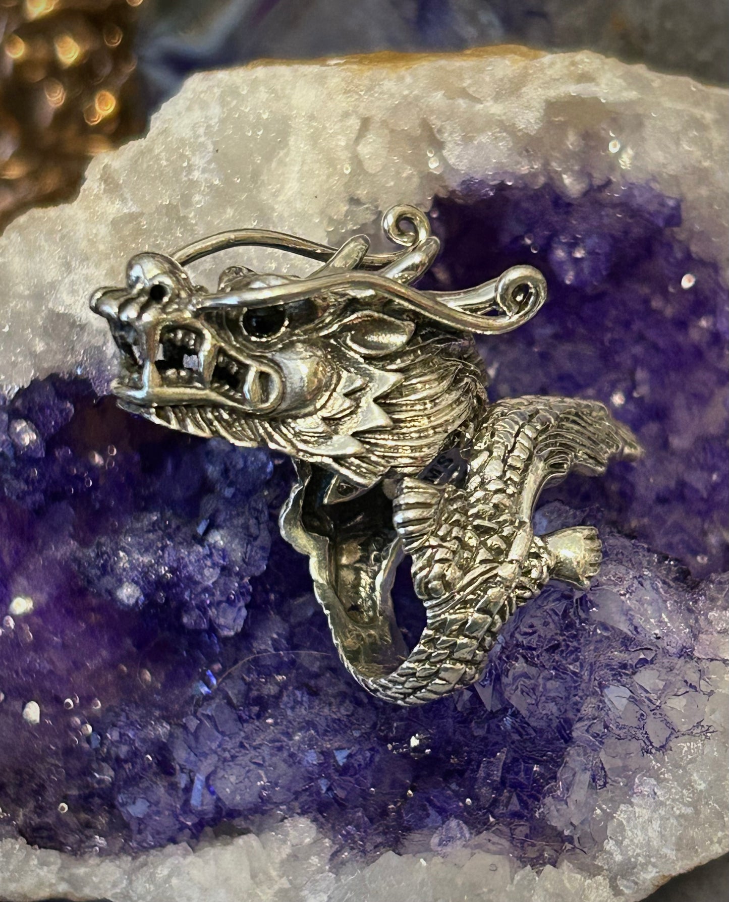 Sterling Silver Designer SOMS Statement Dragon Bypass Wrap Ring w/ Onyx Eyes