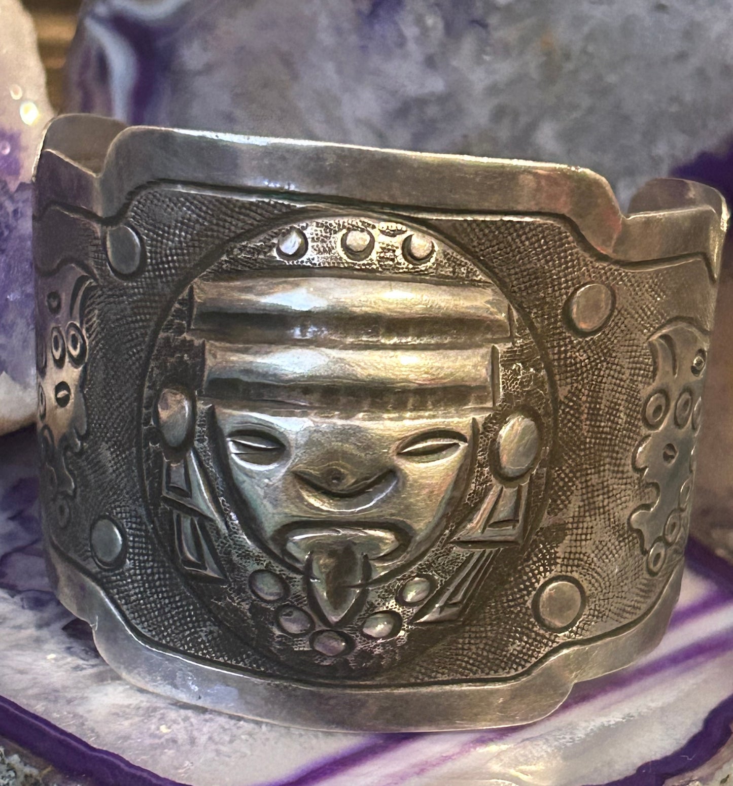 Vintage Sterling Silver 925 Mexico Warrior Mask Cuff Bracelet