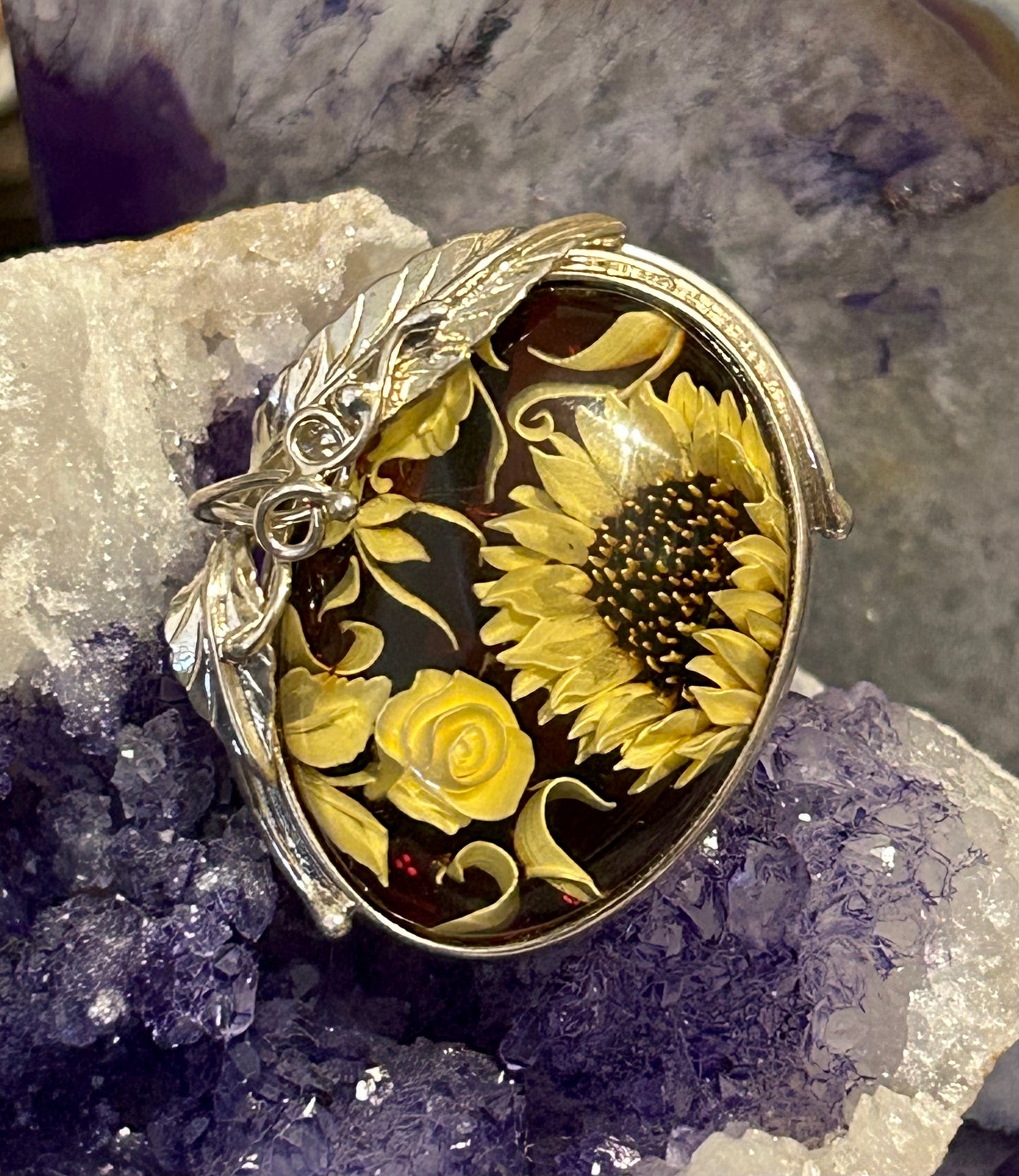 Sterling Silver Carved Floral Baltic Amber Statement Ring