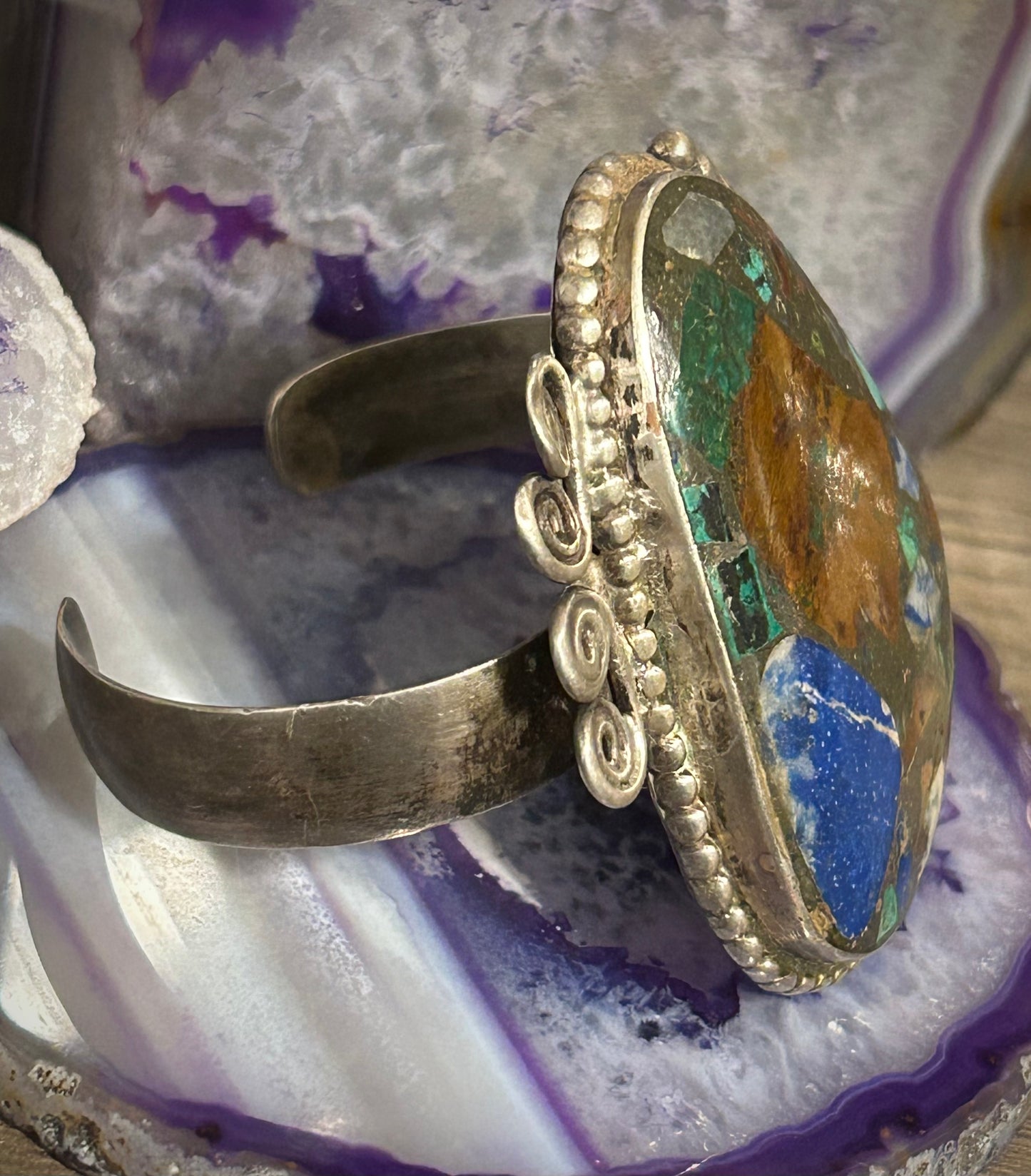 Vintage Sterling Silver Large Turquoise Lapis Etc Composite Stone Cuff Bracelet