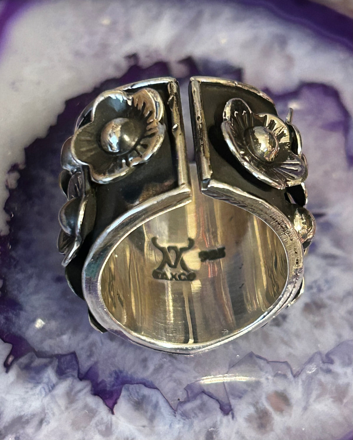 Sterling Silver Modern Taxco Mexico Ring With 3d Flowers Size 7.5-9.25