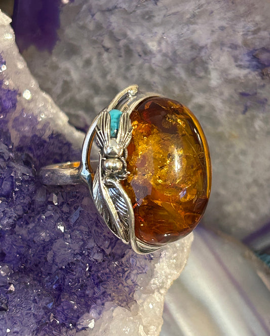 Sterling Silver w/ Large Natural Amber Stone & Turquoise Fly Ring Adjustable