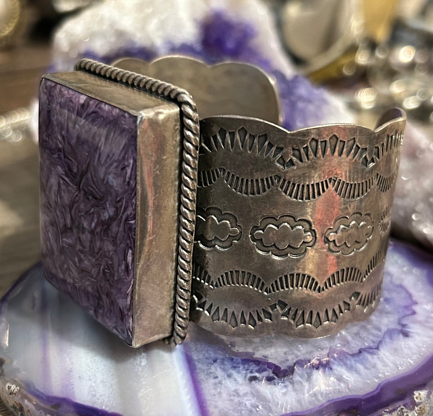 Sterling Silver & Charoite Southwestern Large Stamp Work Cuff