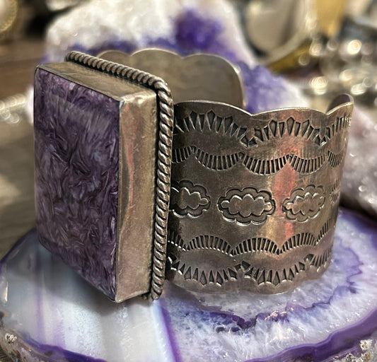 Sterling Silver & Charoite Southwestern Large Stamp Work Cuff