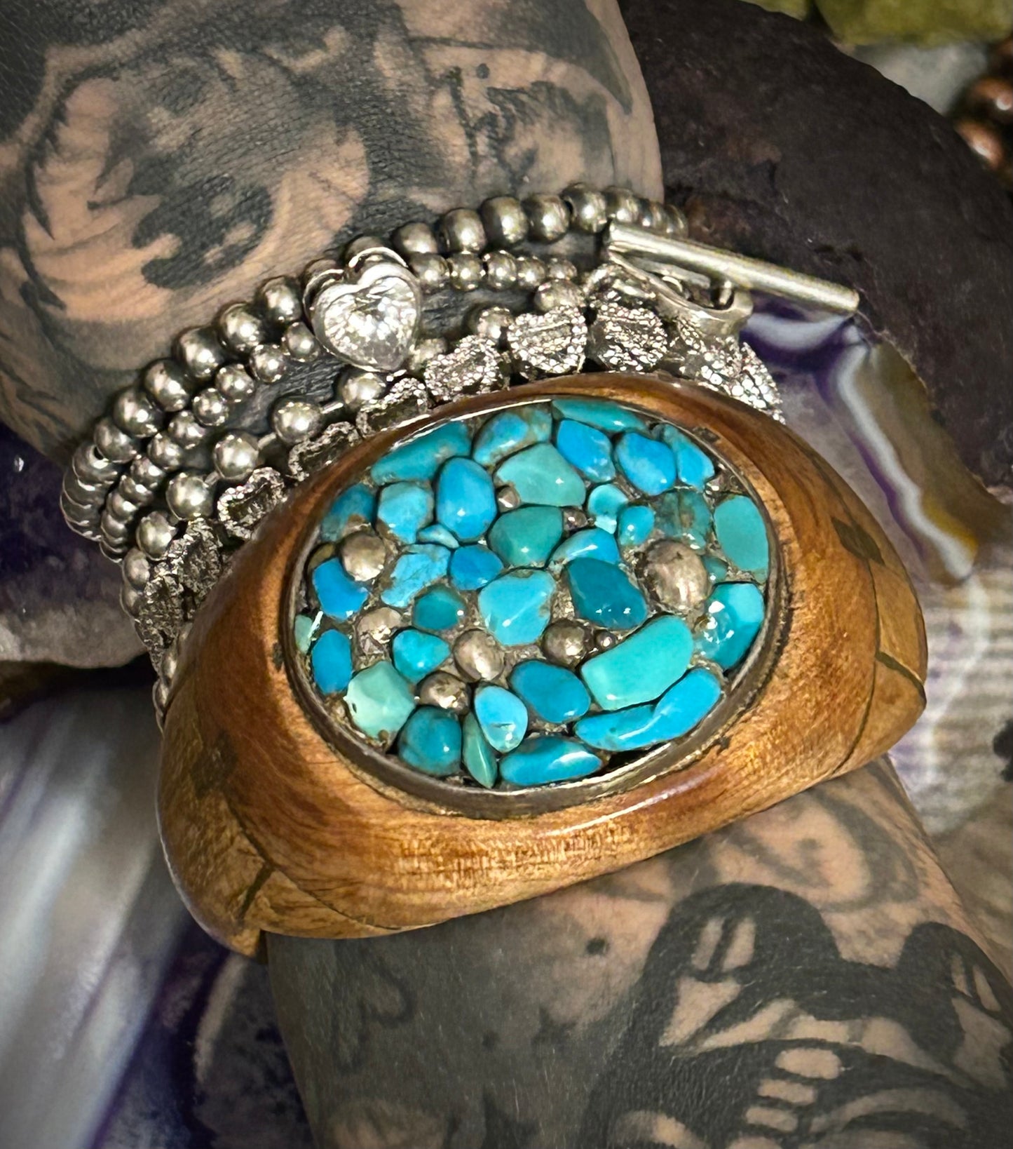Vintage Unique Wood Cuff Bracelet With Sterling Silver & Turquoise