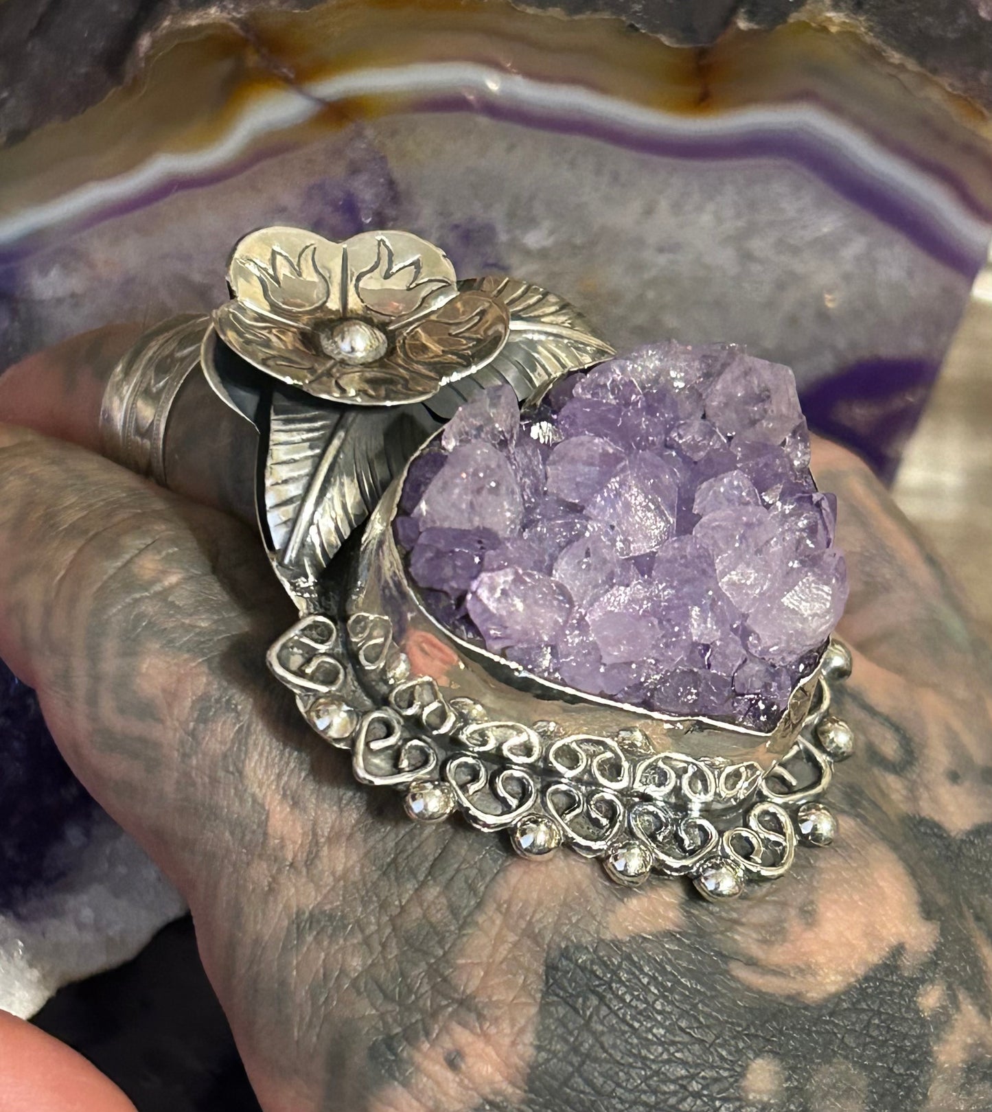 950 Silver Taxco Mexico Large Huge Amethyst Stone Heart Ring Adjustable