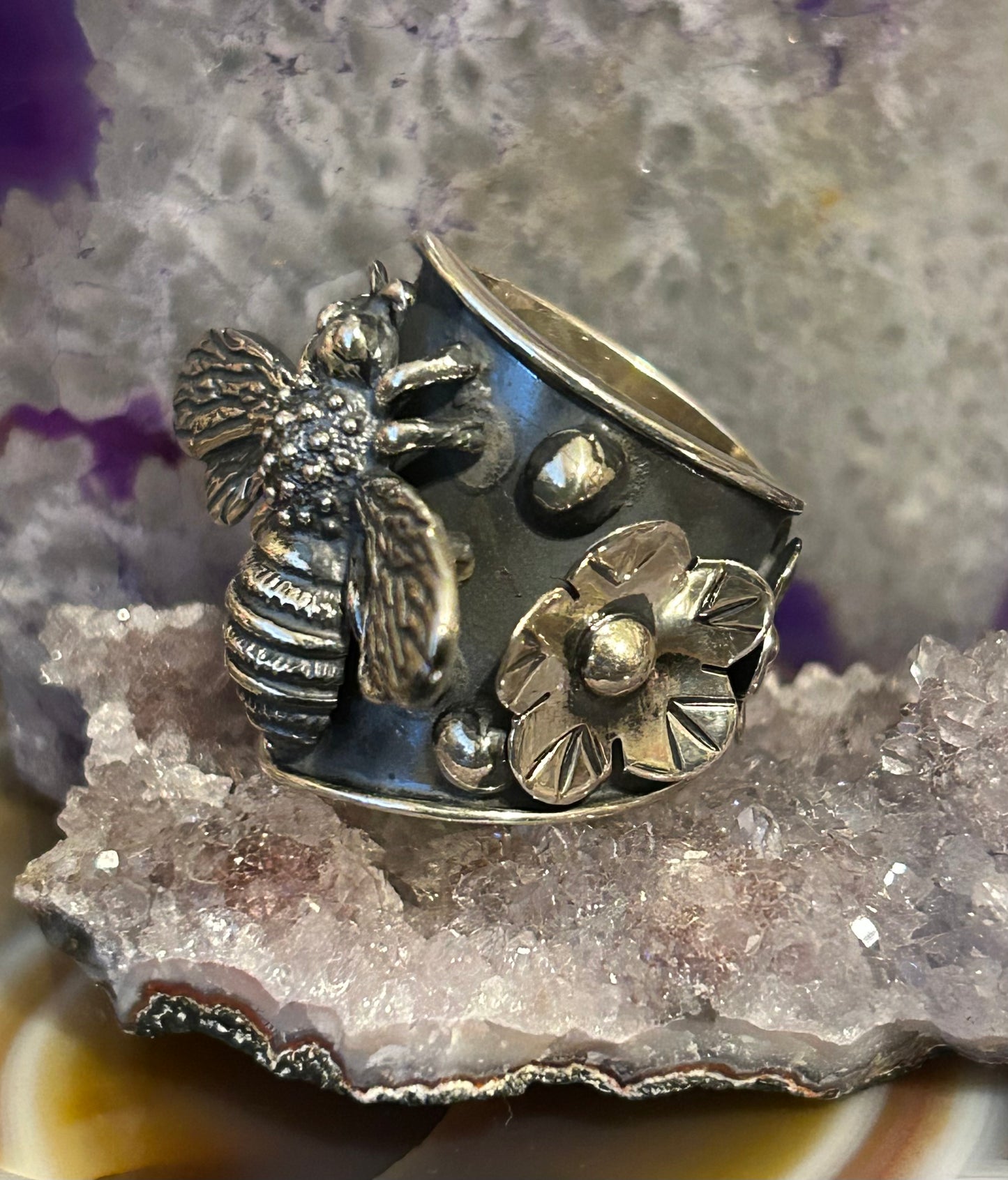 Sterling Silver Taxco Mexico Statement Bee & Floral Ring Size 8-10