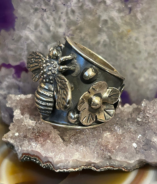 Sterling Silver Taxco Mexico Statement Bee & Floral Ring Size 8-10