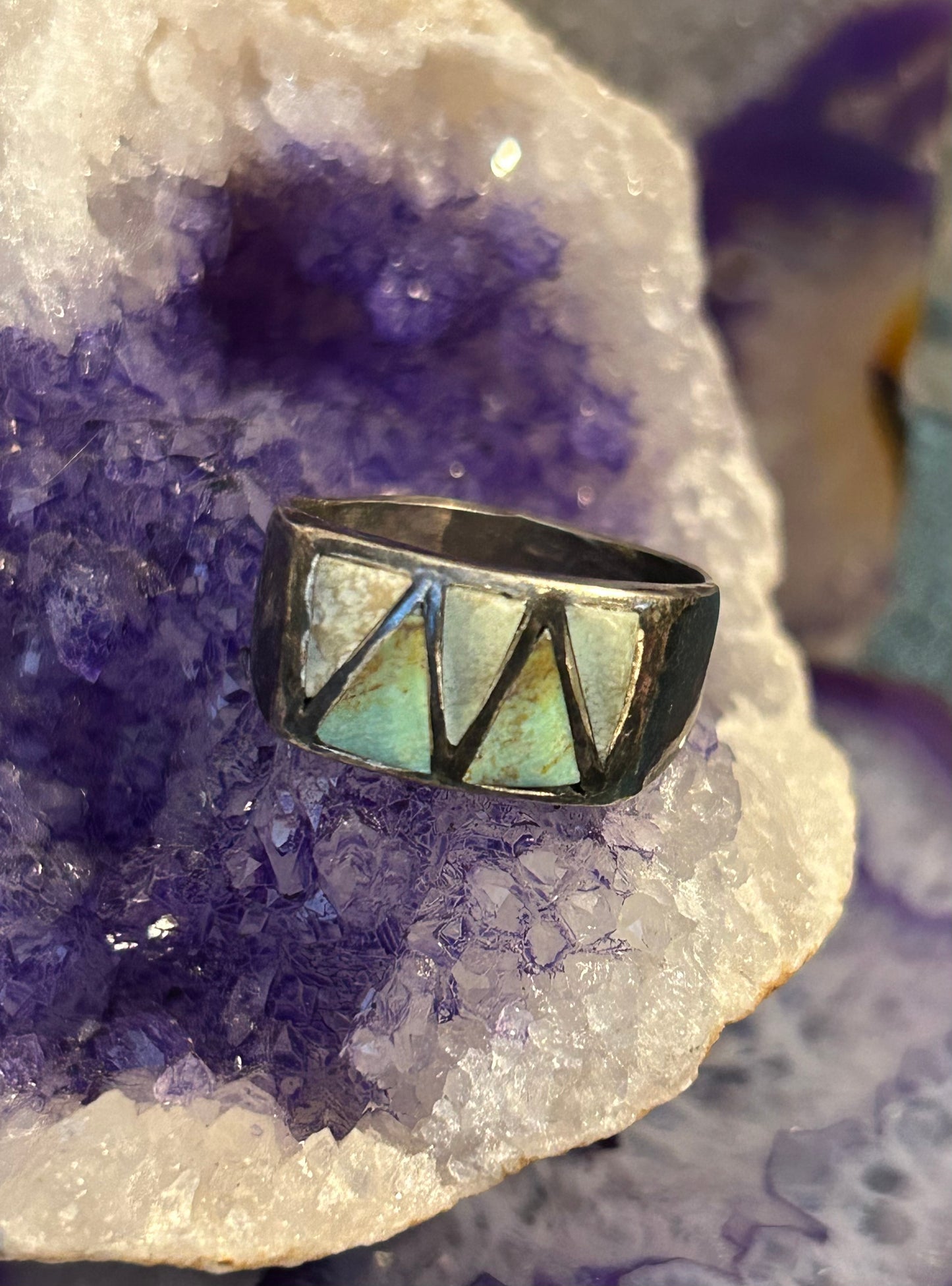 Sterling Silver Vintage Inlay Turquoise Signet Shape Ring • Size 11