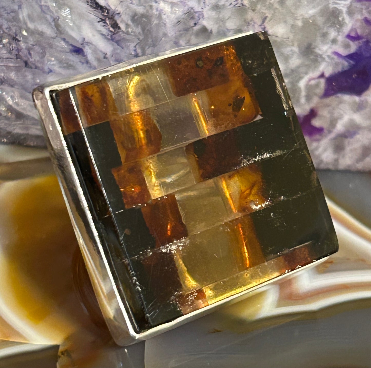 Sterling Silver & Genuine Amber Square Statement Ring • Adjustable