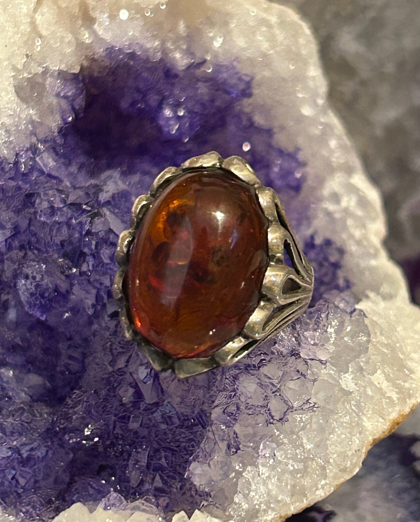 Vintage Sterling Silver Oval Baltic Amber Ring Size 5