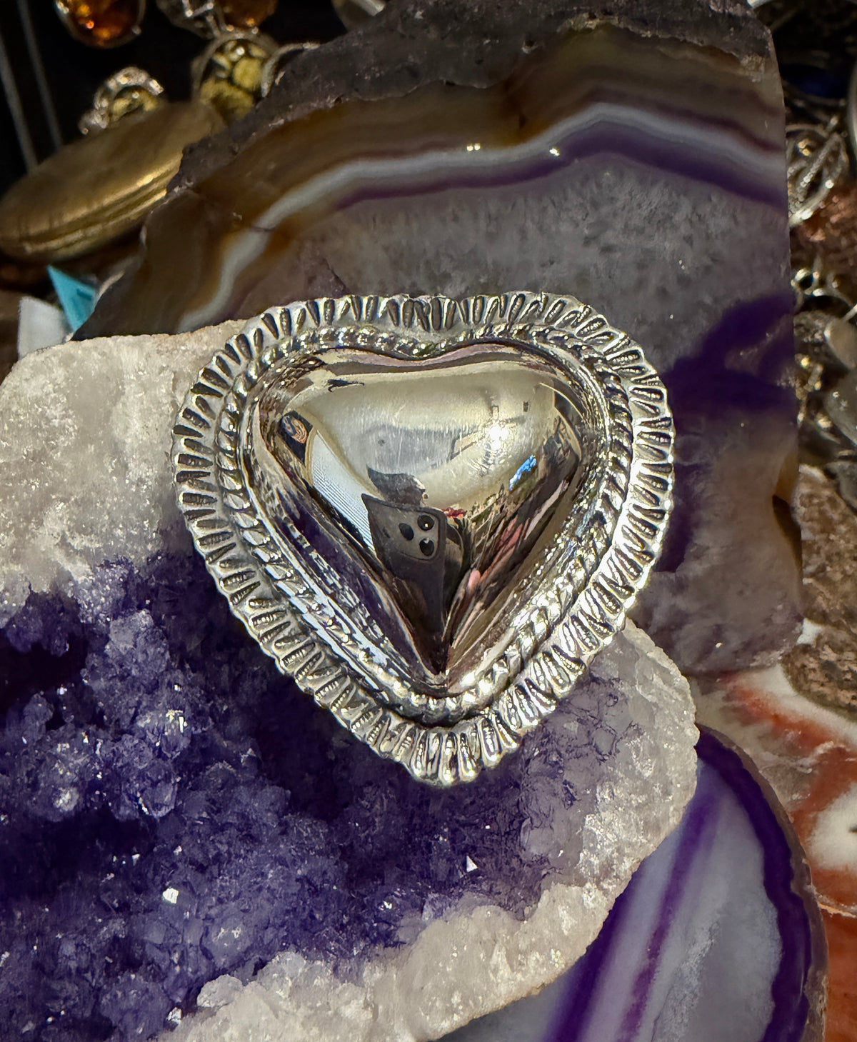 Sterling Silver Modern Taxco Mexico Statement Puffy Heart Ring Adjustable