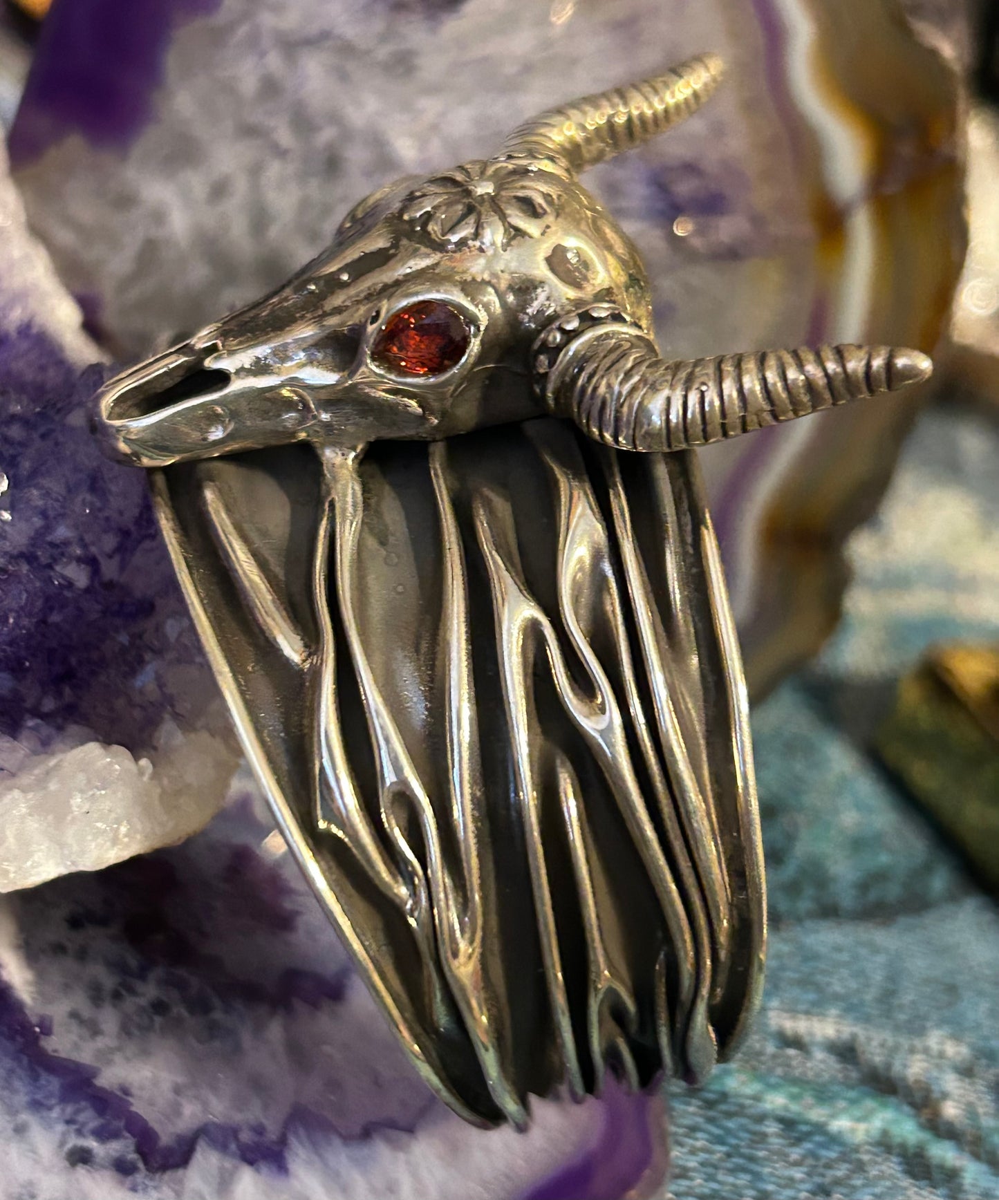 Sterling Silver Taxco Mexico Long Horned Bull Skull Cuff