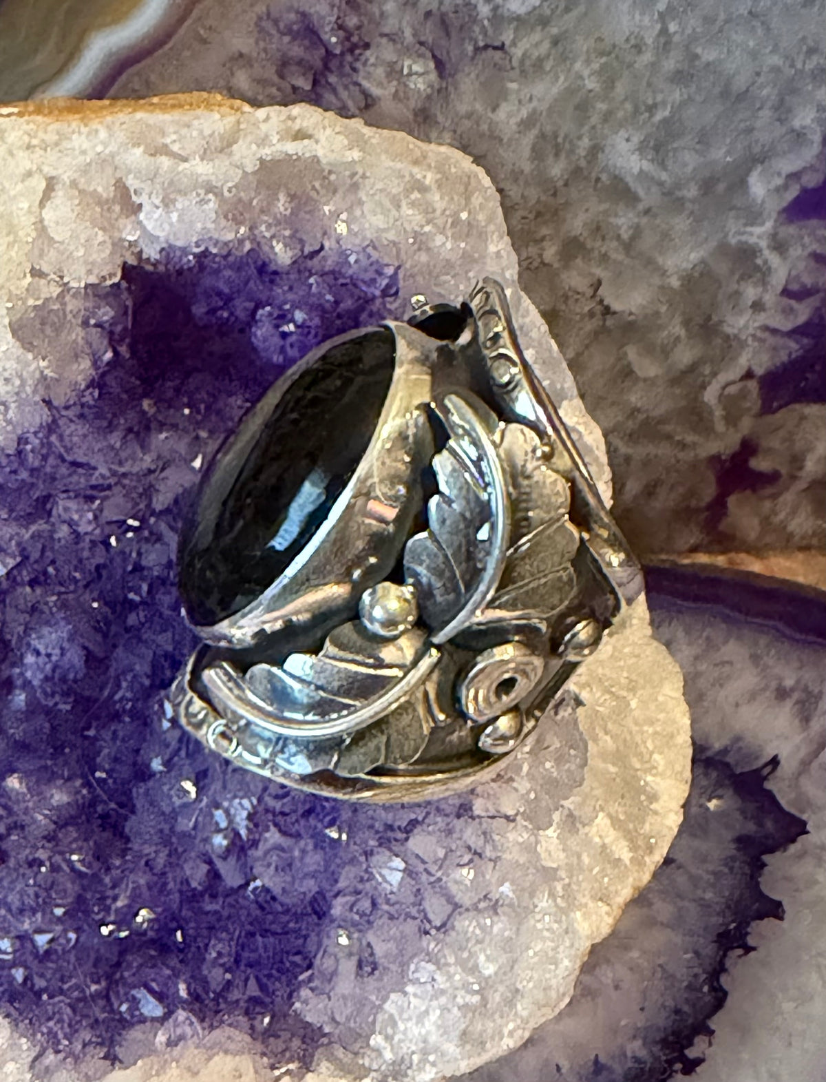 Sterling Silver Modern Taxco Mexico Black Onyx Wide Leaf Ring Size 4-6.5