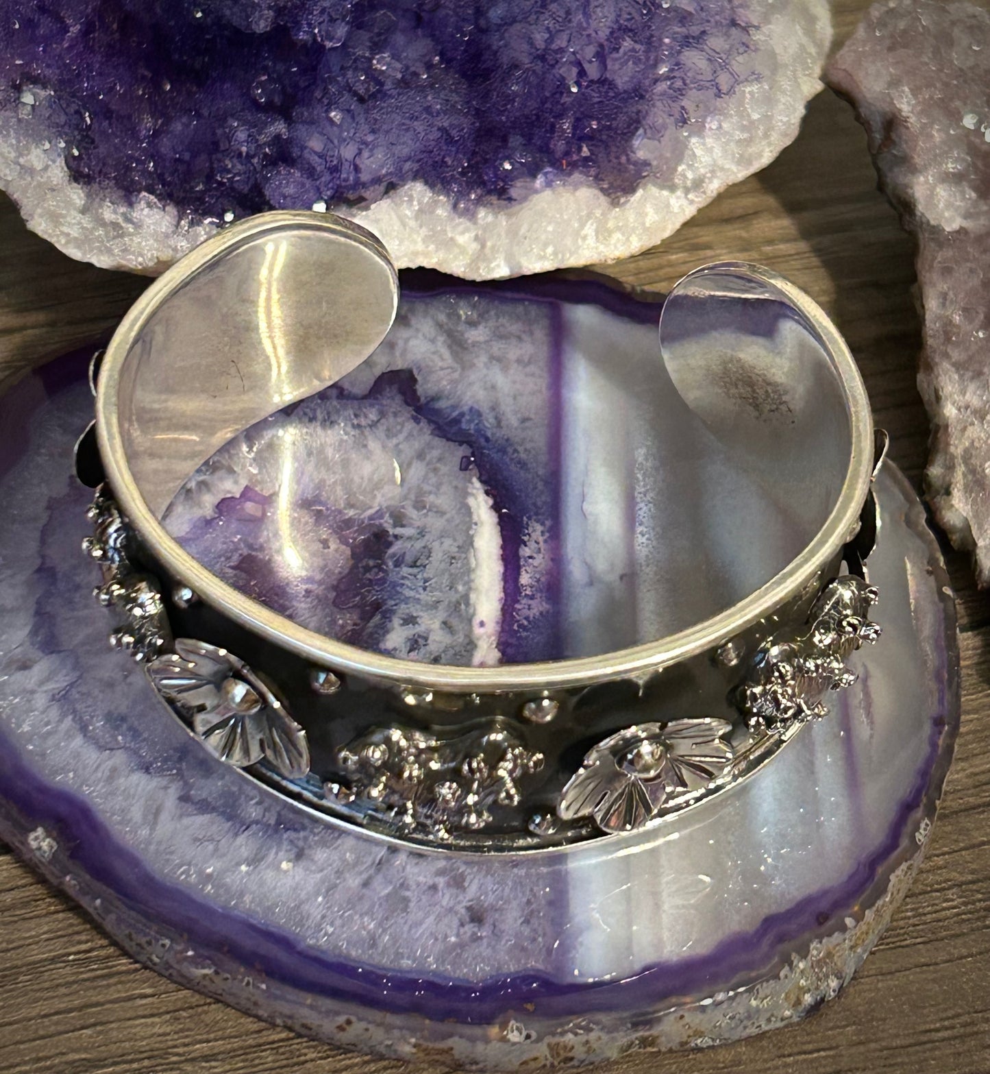 Sterling Silver Taxco Heart And Flower Handmade Cuff Bracelet