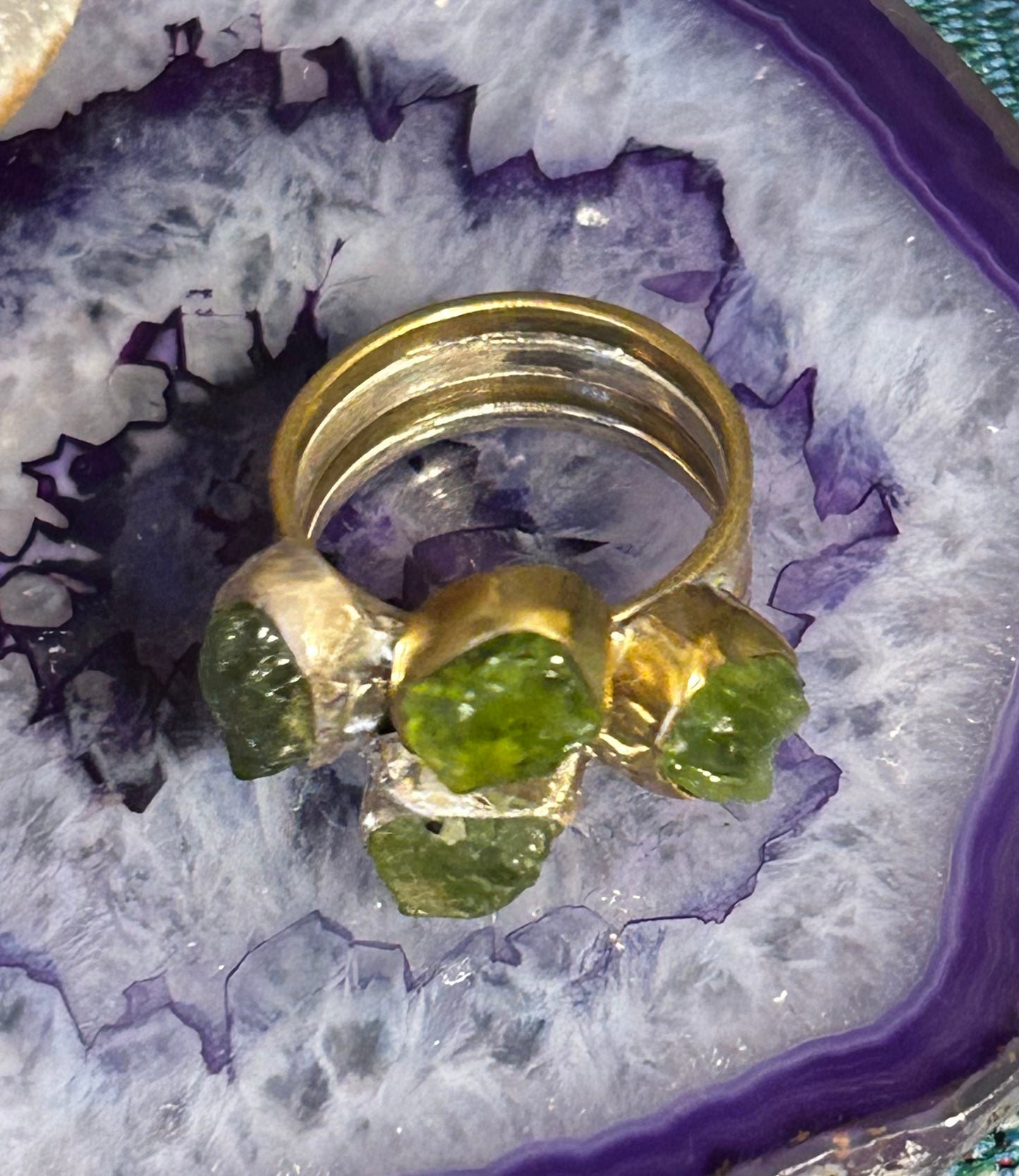 Sterling Silver Two-Tone Natural Peridot Stone Ring Size 7.5