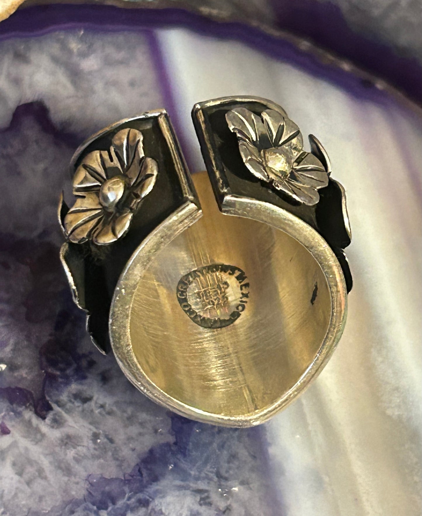 Sterling Silver Taxco Mexican Anatomical Heart & Flower Ring Size 6.5-8