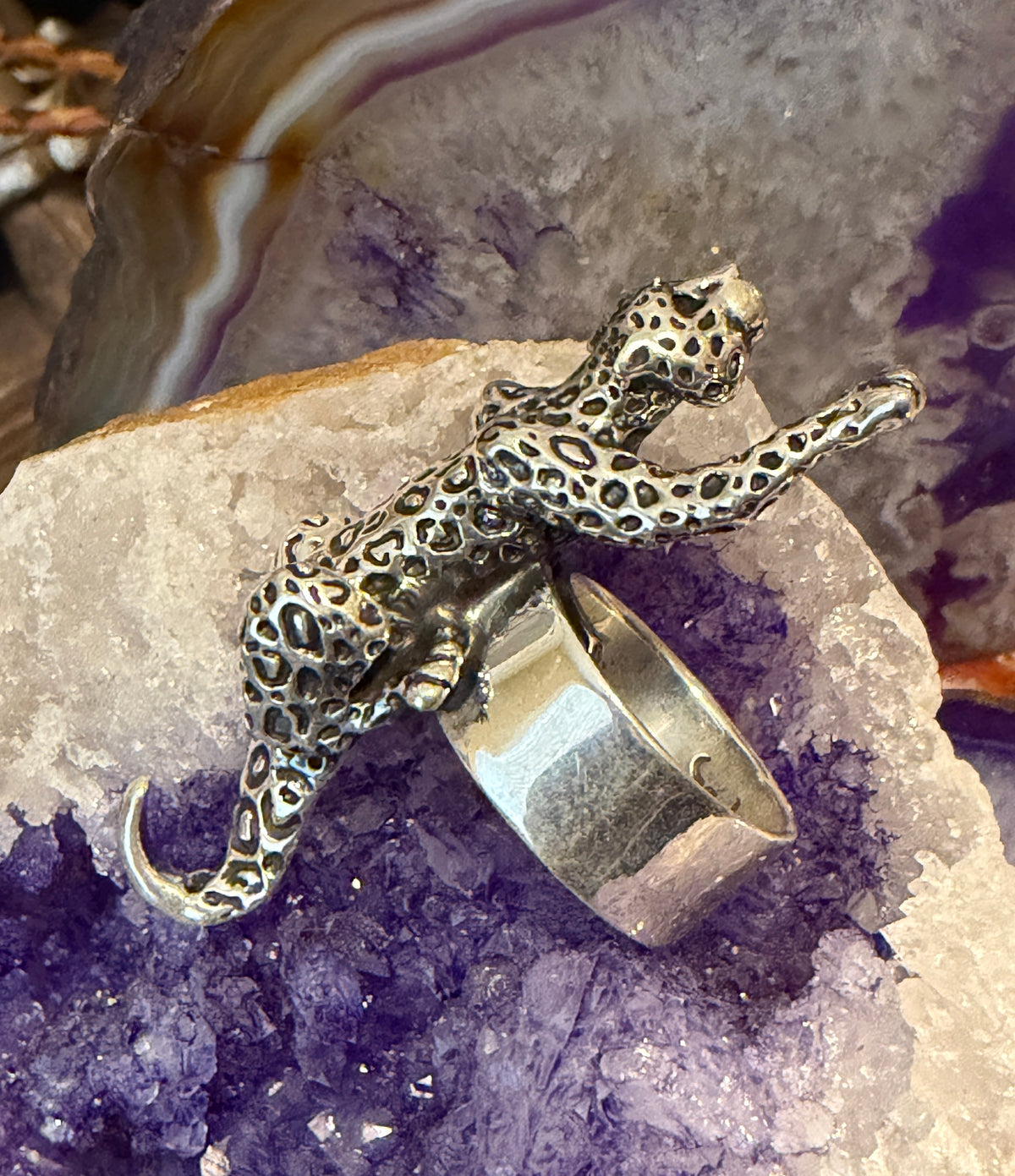 Sterling Silver Modern Taxco Mexico Statement Crawling Jaguar/Cheetah Ring