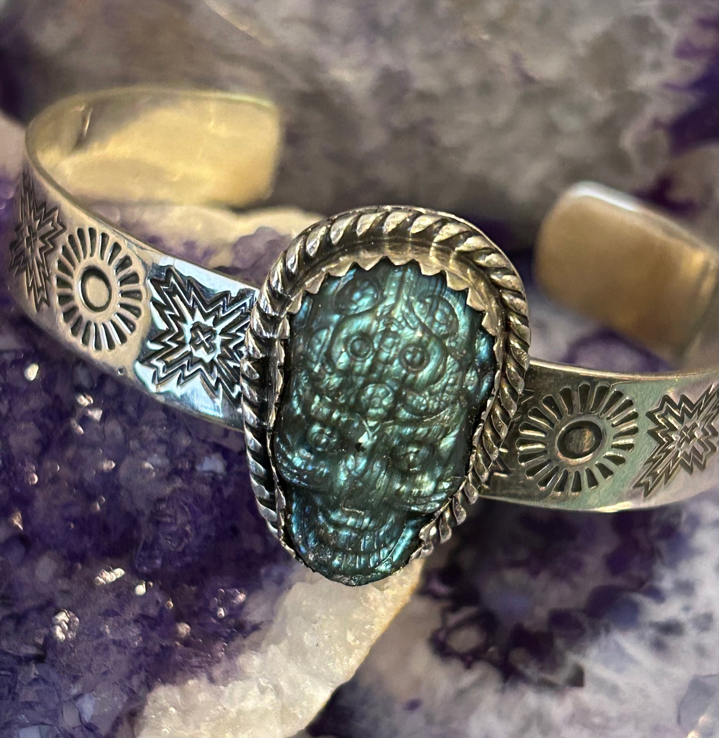 Sterling Silver Taxco Mexico Carved Skull Stone Cuff Handmade Stamped Bracelet