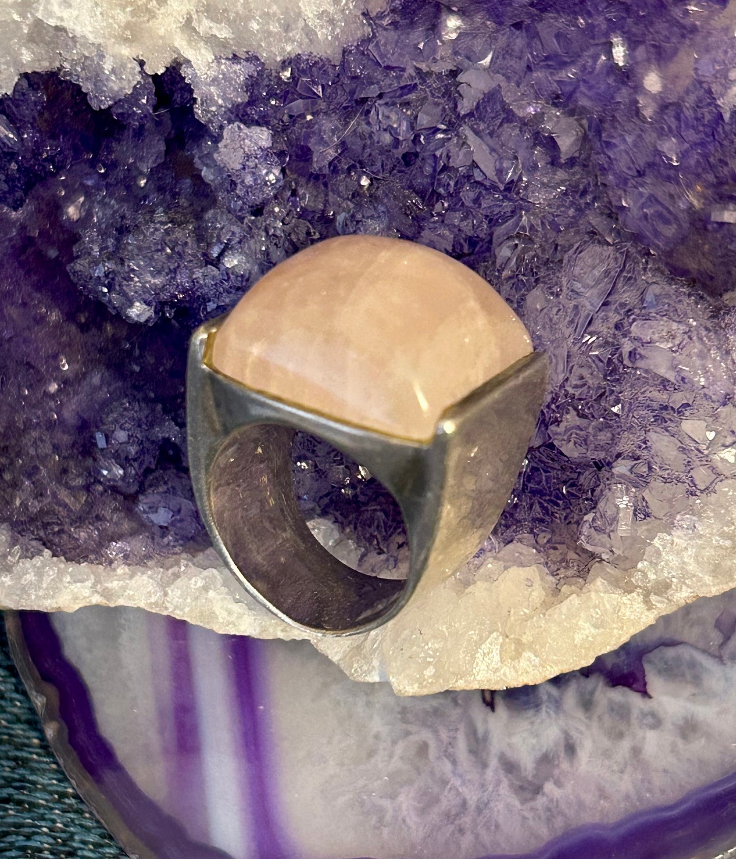 Vintage Sterling Silver Chunky Rose Quartz Modernist Ring Size 5