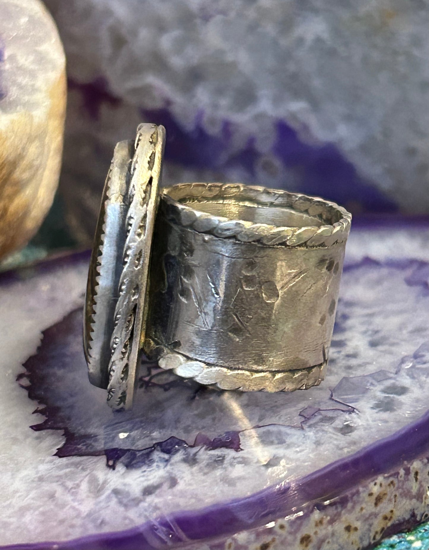 GUZ LOVE NO.103 • Sterling Silver & Blackjack Turquoise Wide Banded Ring • Size 7