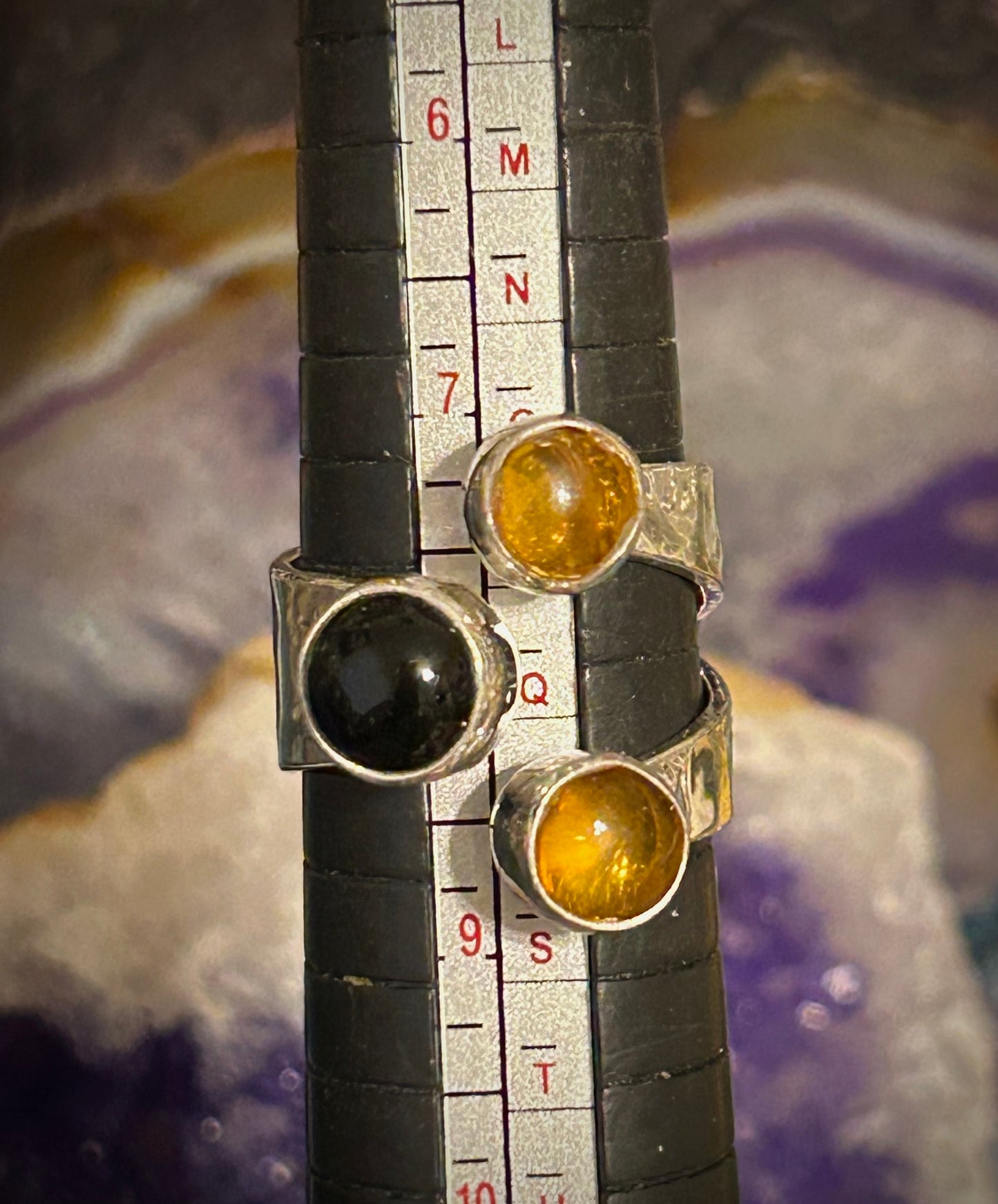 Sterling Silver Made In Taxco Mexico Bypass Ring With Onyx And Amber Size 7-8