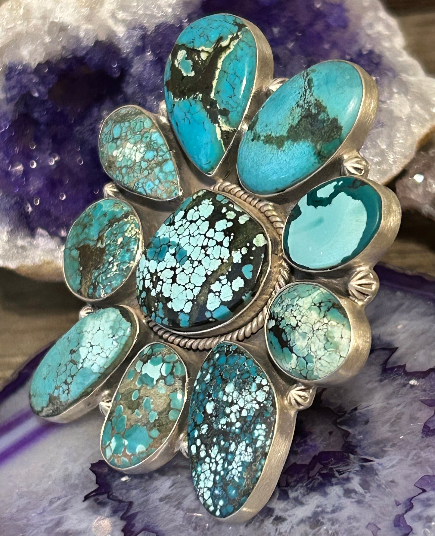 Sterling Silver & Natural Hubei Turquoise Large Multi-Stone Statement Ring Adjustable