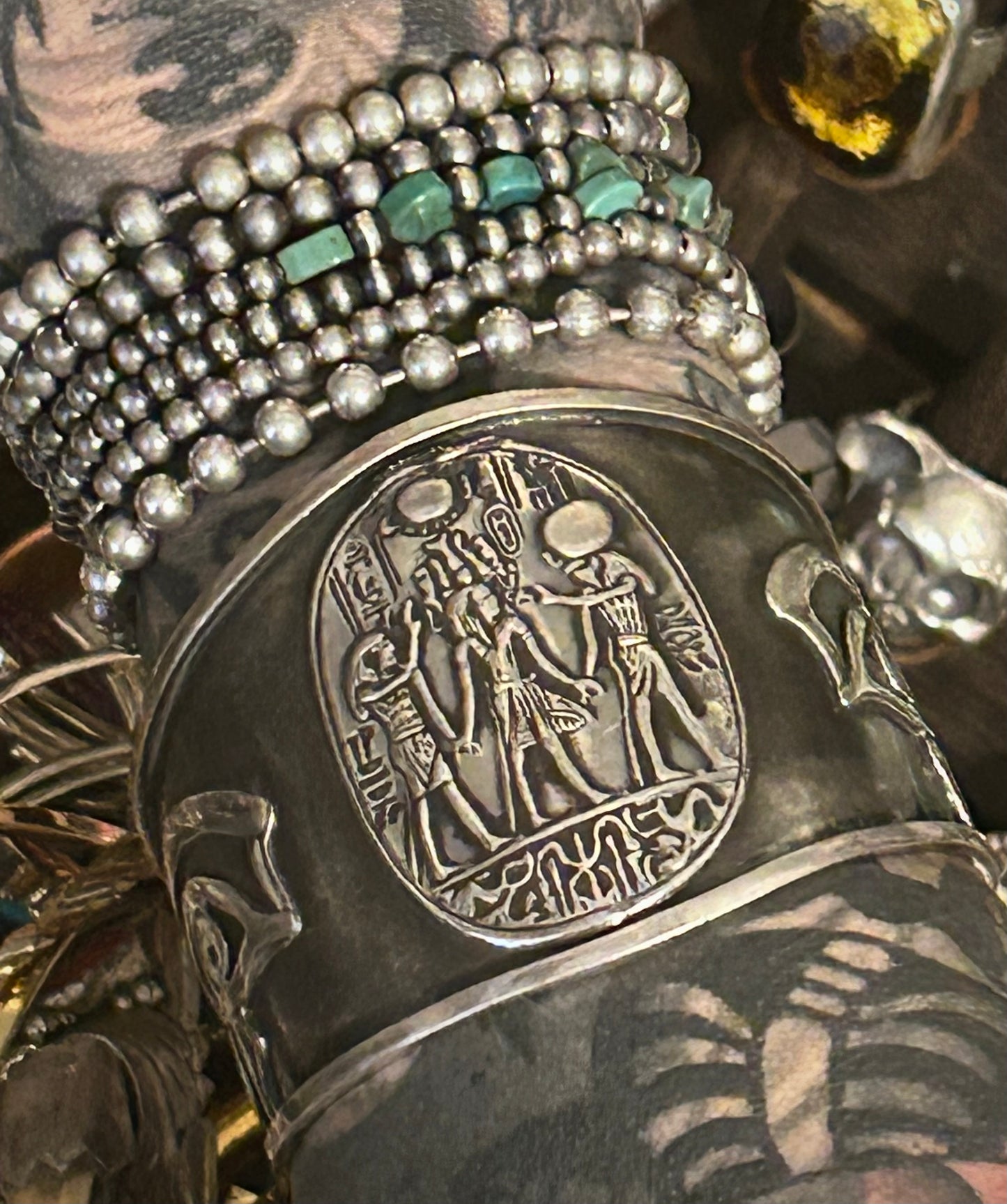 Sterling Silver Egyptian Crowning Of King Tut W/ Eye Of Horus Cuff Bracelet