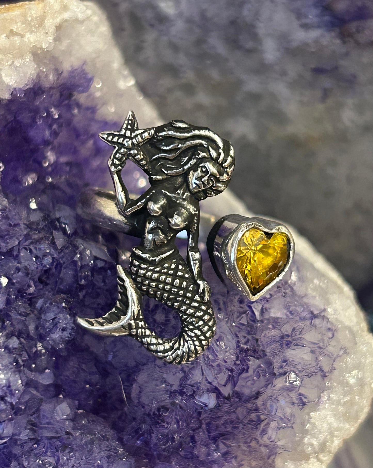 Sterling Silver Taxco Mexico Mermaid & Citrine Zircon Bypass Ring