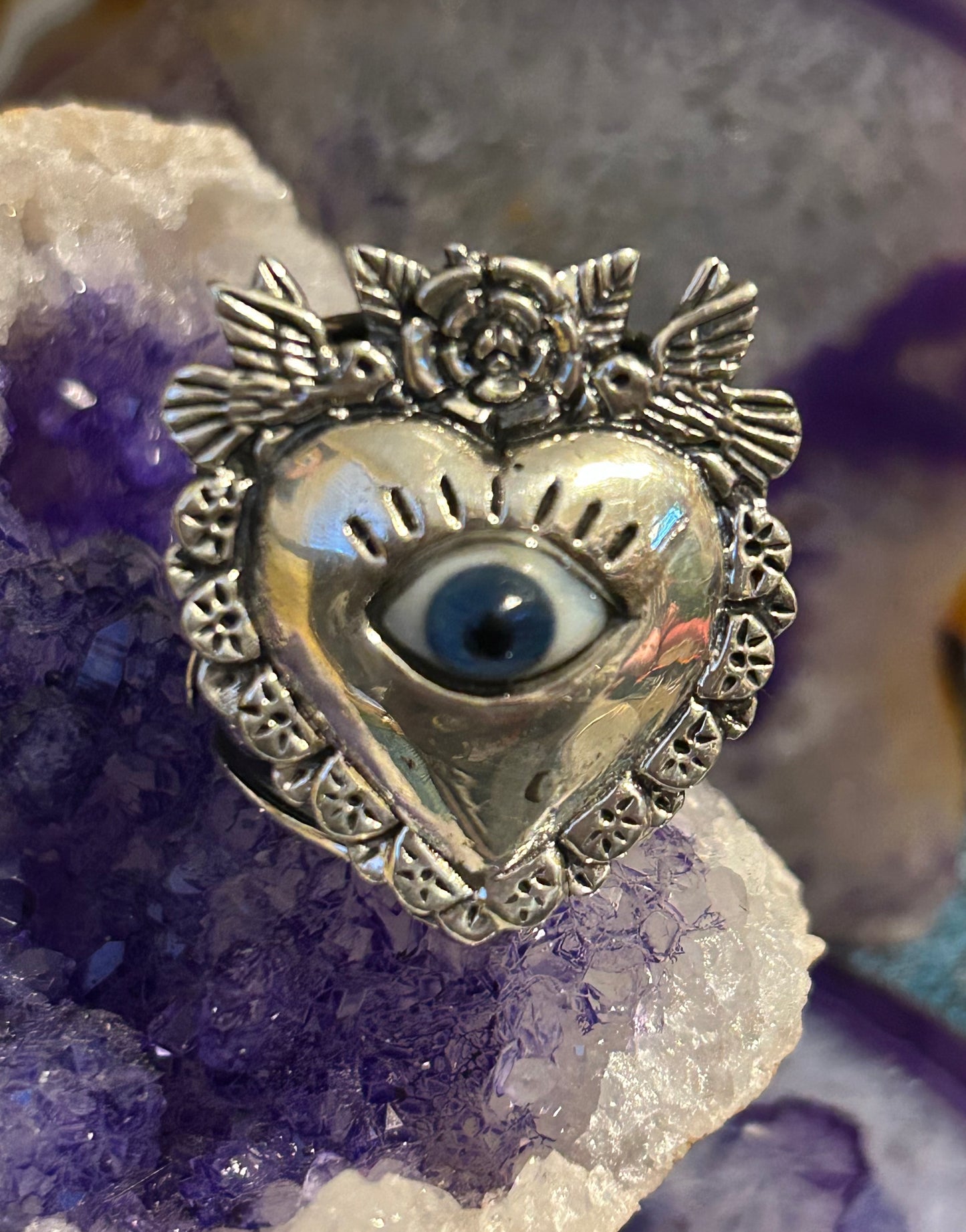950 Silver Taxco Mexico Seeing Eye Heart W/ Rose And Birds Size 8-10