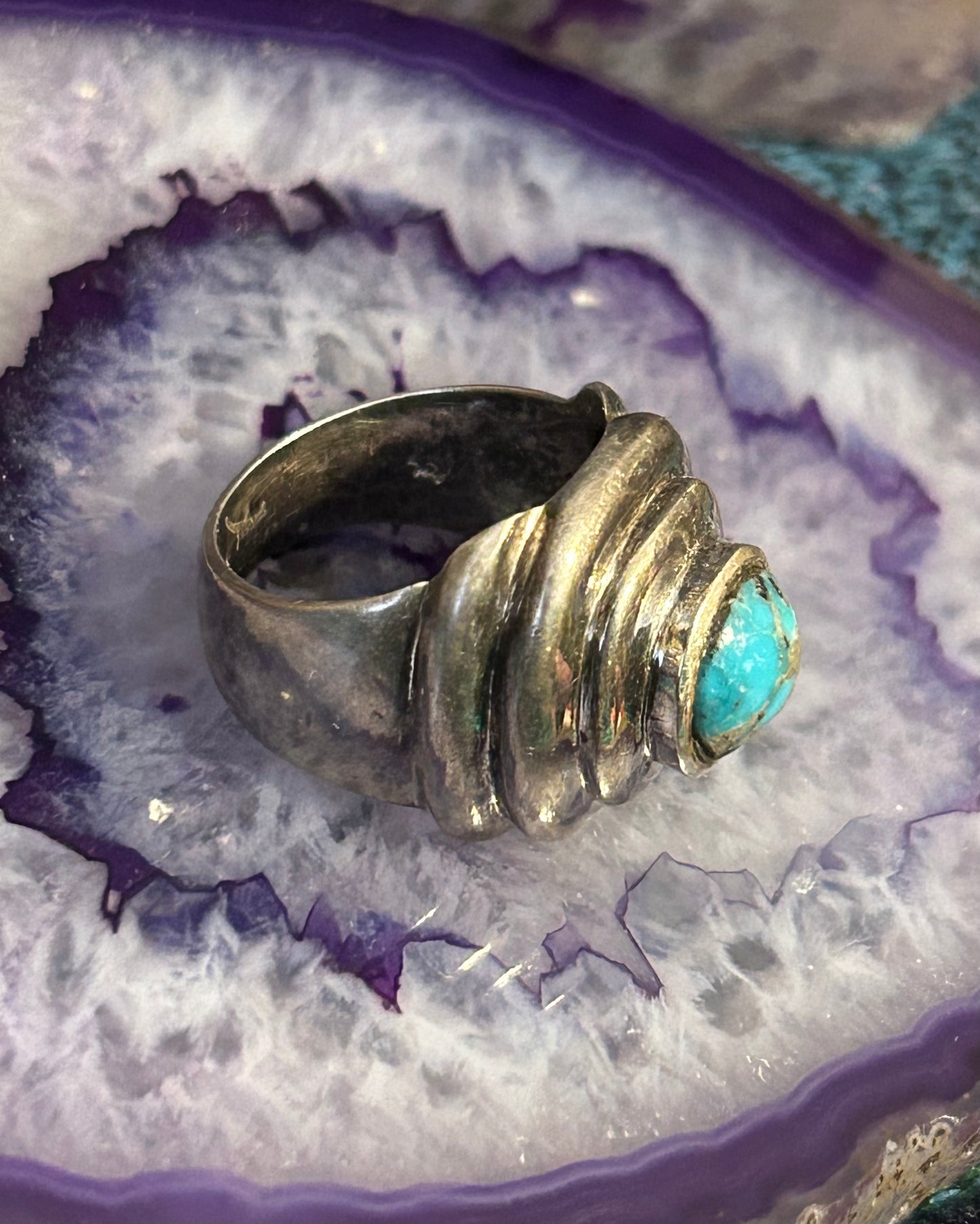 Vintage Sterling Silver Turquoise Modernist Shaped Chunky Ring Size 6.5