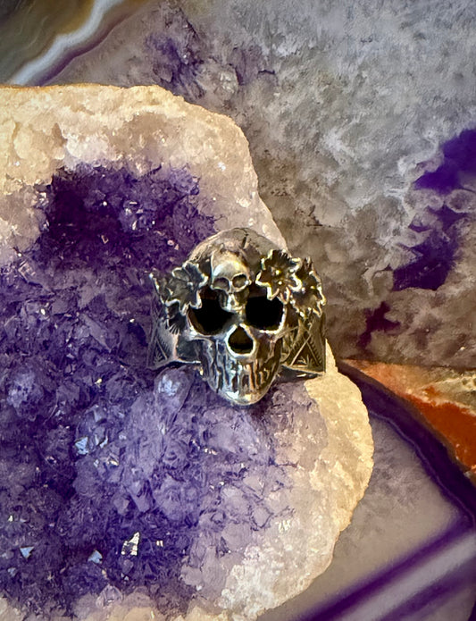 Sterling Silver Modern Taxco Chunky Skull W/ Flower Crown Adjustable Band Ring