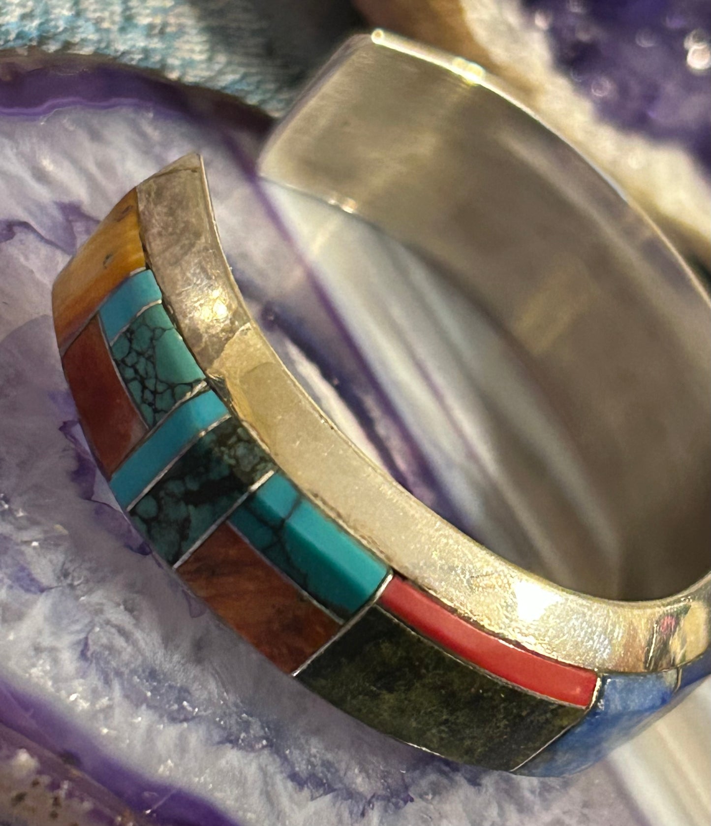 Native American Sterling Silver Multi Stone Inlay Cuff Bracelet Signed “C”