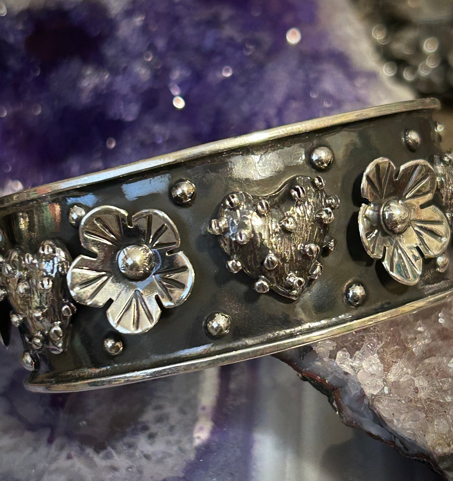 Sterling Silver Taxco Heart And Flower Handmade Cuff Bracelet