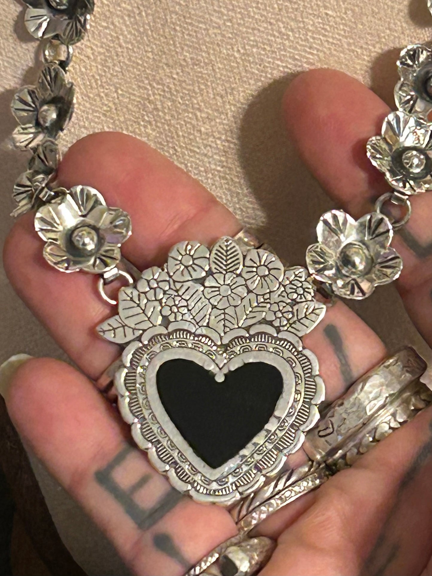 Sterling Silver 925 Made In Taxco Flower & Heart Link Necklace