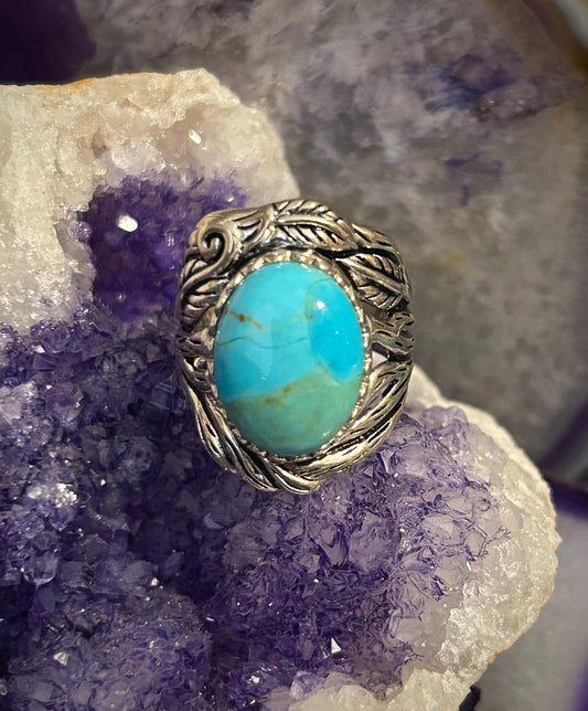 Sterling Silver Mojave Turquoise Wide Band W/ Leaves Ring Size 7