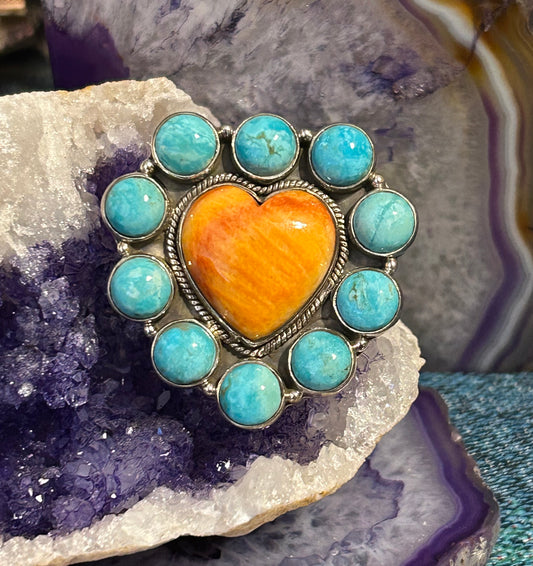 Sterling Silver Turquoise And Spiny Oyster Large Adjustable Heart Ring
