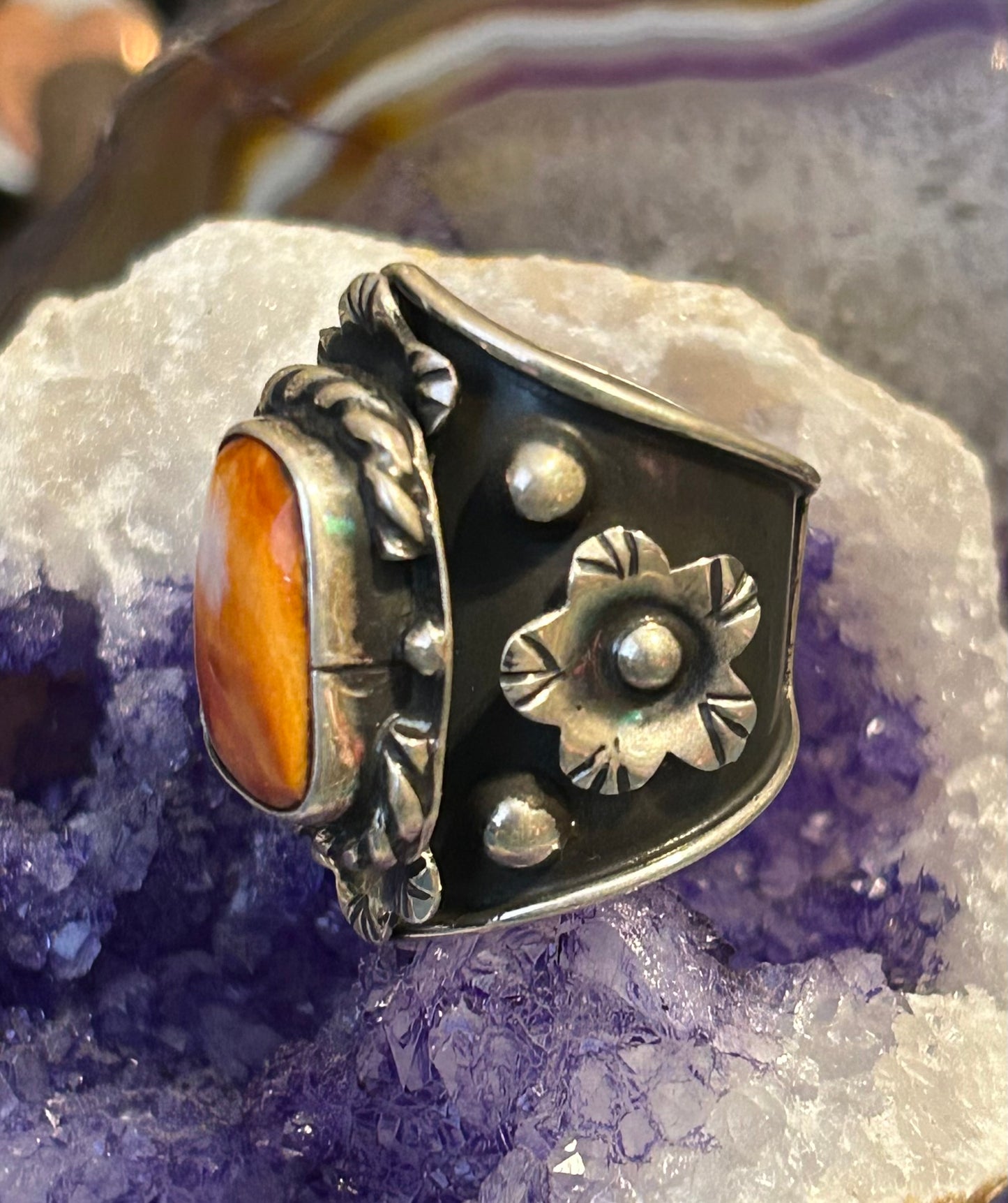 Sterling Silver Taxco Mexico Spiny Oyster & Flowers Wide Band Statement Sz 7-9